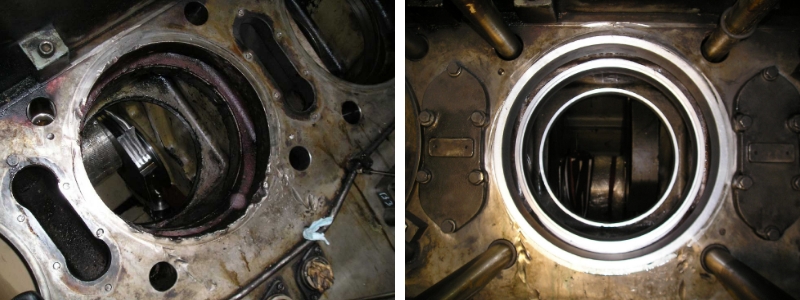 Damaged Wartsila 18V 38B engine block – Upper and lower liner reboring. Before and After.